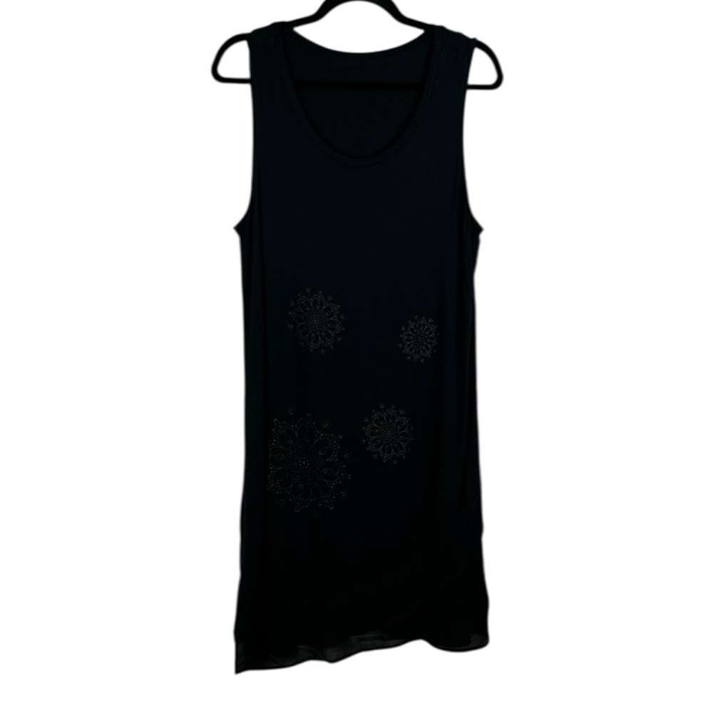 Desigual Black Sleeveless Tunic Dress Mandala Print Sheer Hem Size Medium